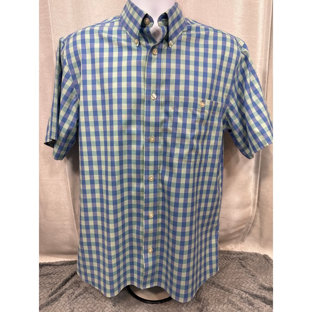 Orvis Mens Medium Active Fit Gingham Check Short Sleeve Button Down Shirt Blue